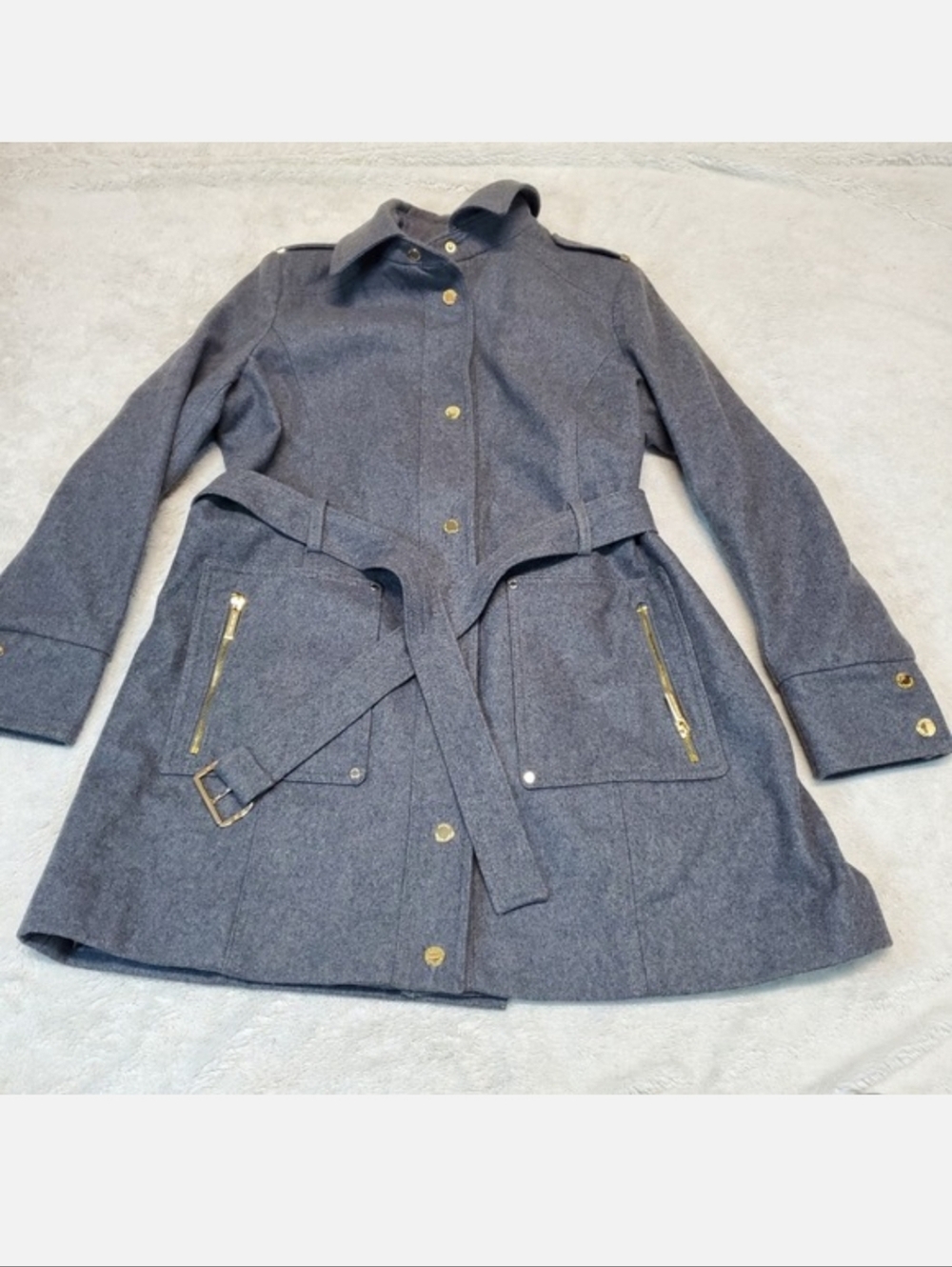 Michael Kors Gray‎ Wool Blend Gold Zip Cozy Winter Classic Long Trench Coat XL